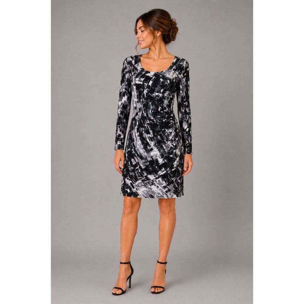 MILANO Women's Dress Black White Grey Stretchy Size M Ruched